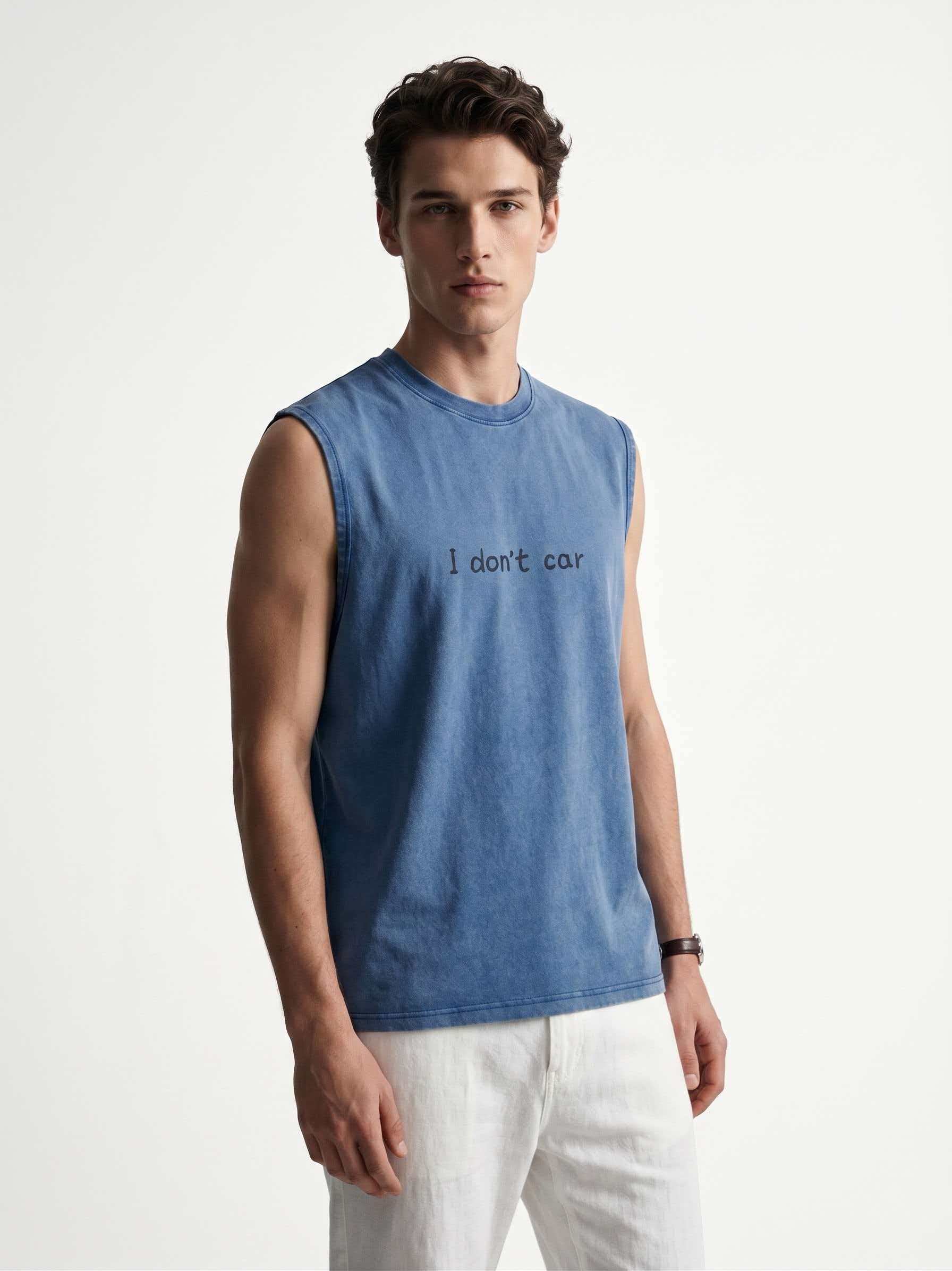 "I Don't Car"-230G- Vintage Washed Sleeveless Tee | Y2K Aesthetic Streetwear | Oversized Hip Hop Tank Top