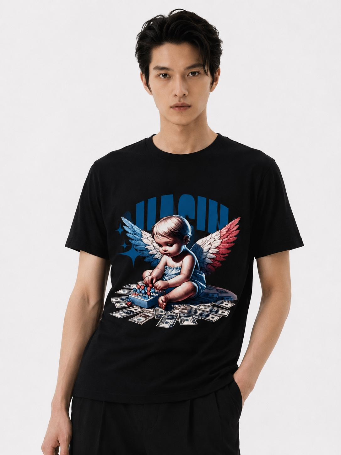 Chasing Paper Dreams-180G-"Money Angel" Graphic T-Shirt | Y2K Aesthetic Hustle Culture Streetwear | Oversized Hip Hop Unisex Tee