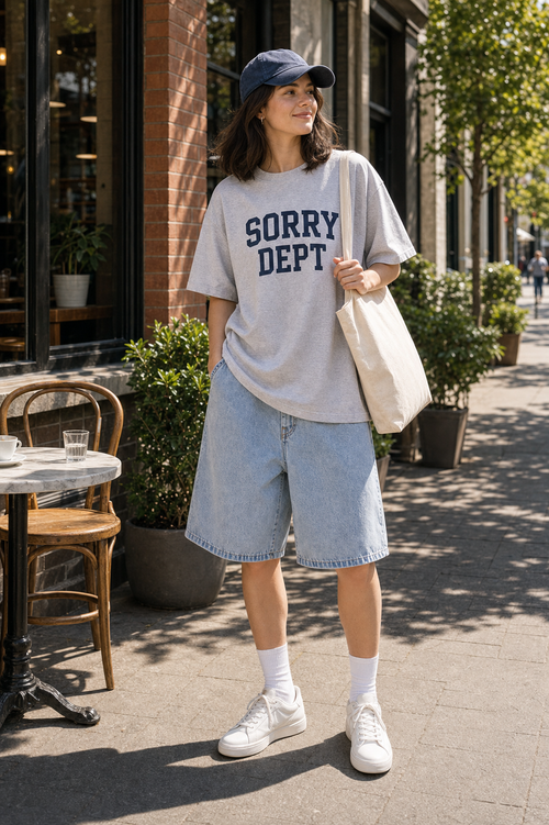 Canada Sorry Dept graphic set sunny model scene with gray tee navy cap natural canvas tote and washed shorts