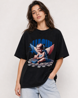 Chasing Paper Dreams black graphic tee Threadheads-style female model close-up