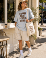 Coffee First People Later sunny full body styled outfit
