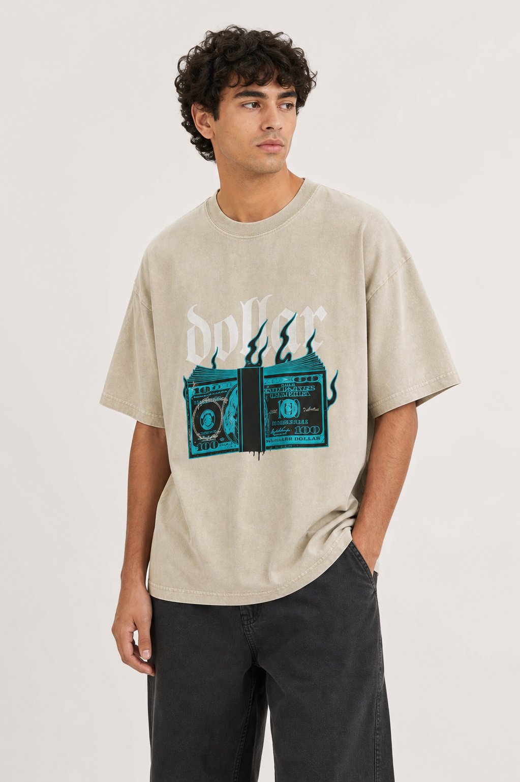 Dollar Drills oversized tee Threadheads-style indoor model close-up, beige colorway