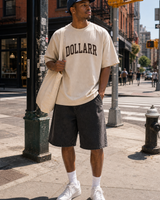 DOLLARR oversized tee full outfit with dark denim shorts cap and natural canvas tote