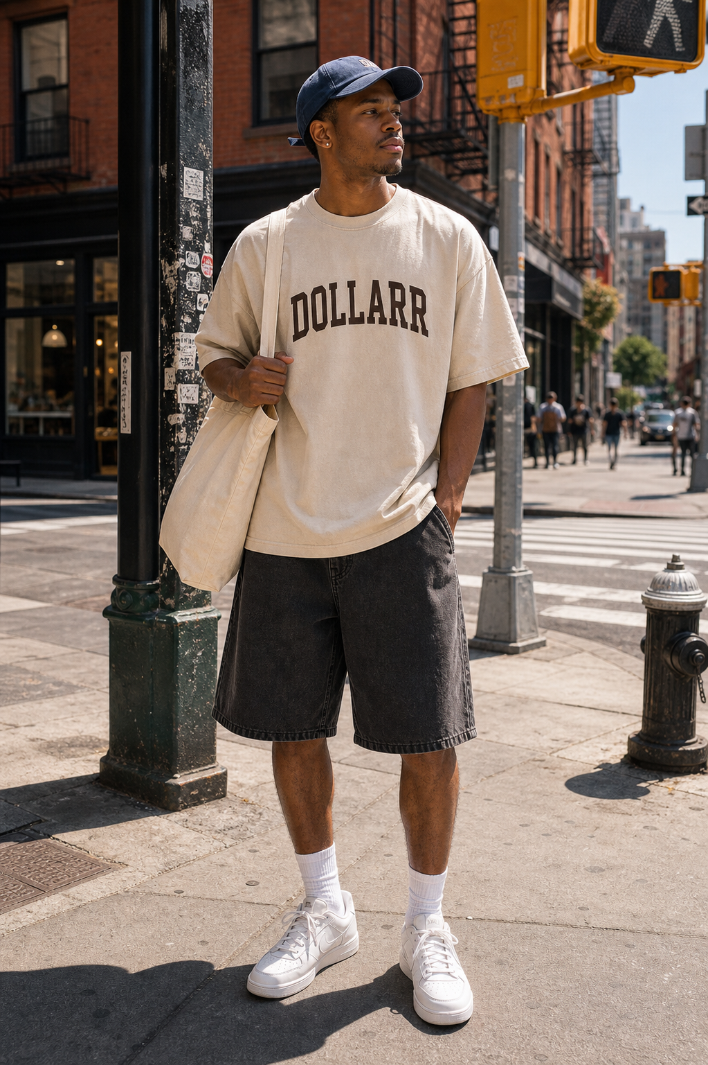 DOLLARR oversized tee full outfit with dark denim shorts cap and natural canvas tote