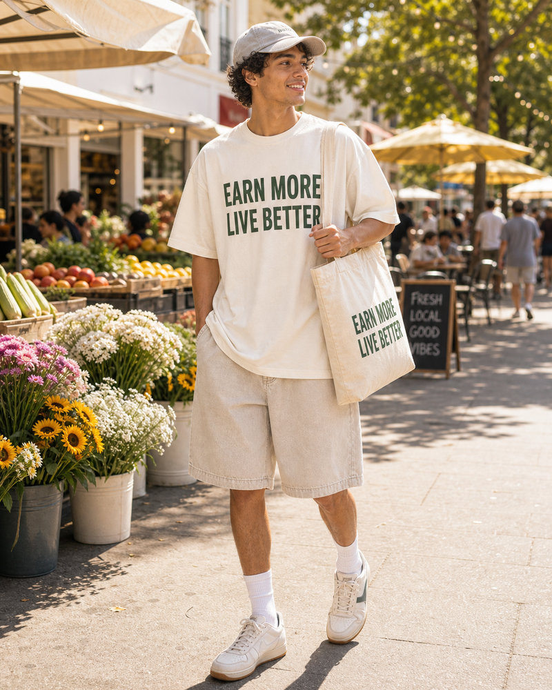 Earn More Live Better sunny model scene with cap and natural canvas tote