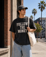 Follow The Money oversized tee close-up product image with OOTD LAB streetwear styling