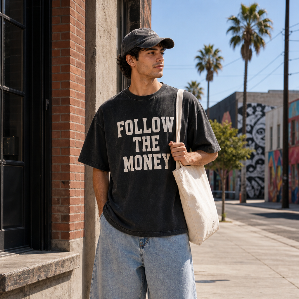 Follow The Money oversized tee close-up product image with OOTD LAB streetwear styling