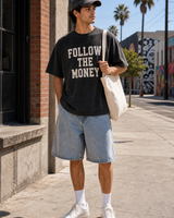 Follow The Money oversized tee full outfit with denim shorts cap and natural canvas tote