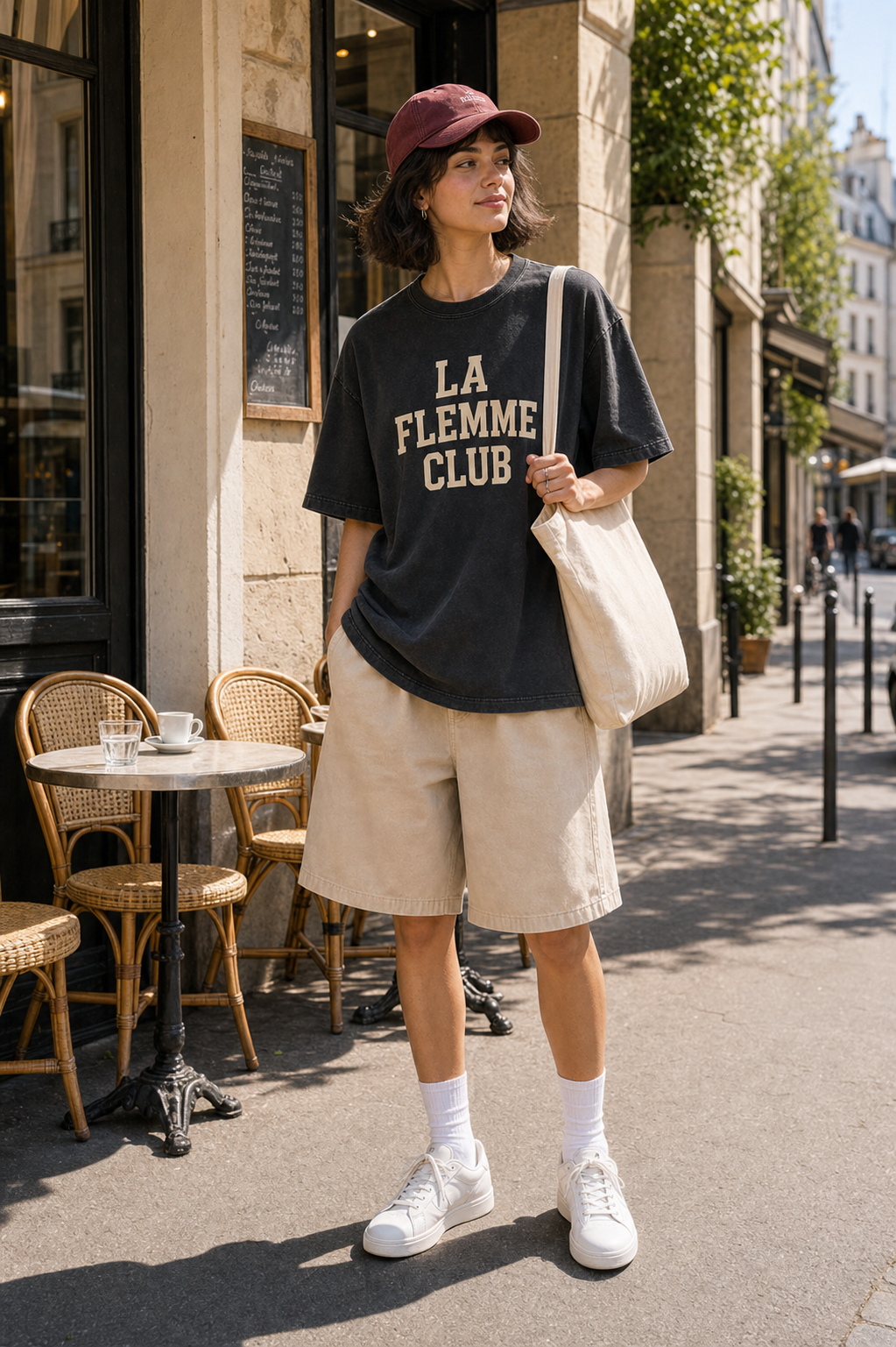 France La Flemme Club graphic set sunny model scene with faded black tee burgundy cap natural canvas tote and washed shorts