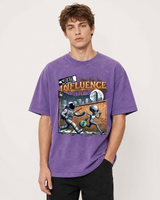 Fun Graphic purple washed tee Threadheads-style indoor model close-up