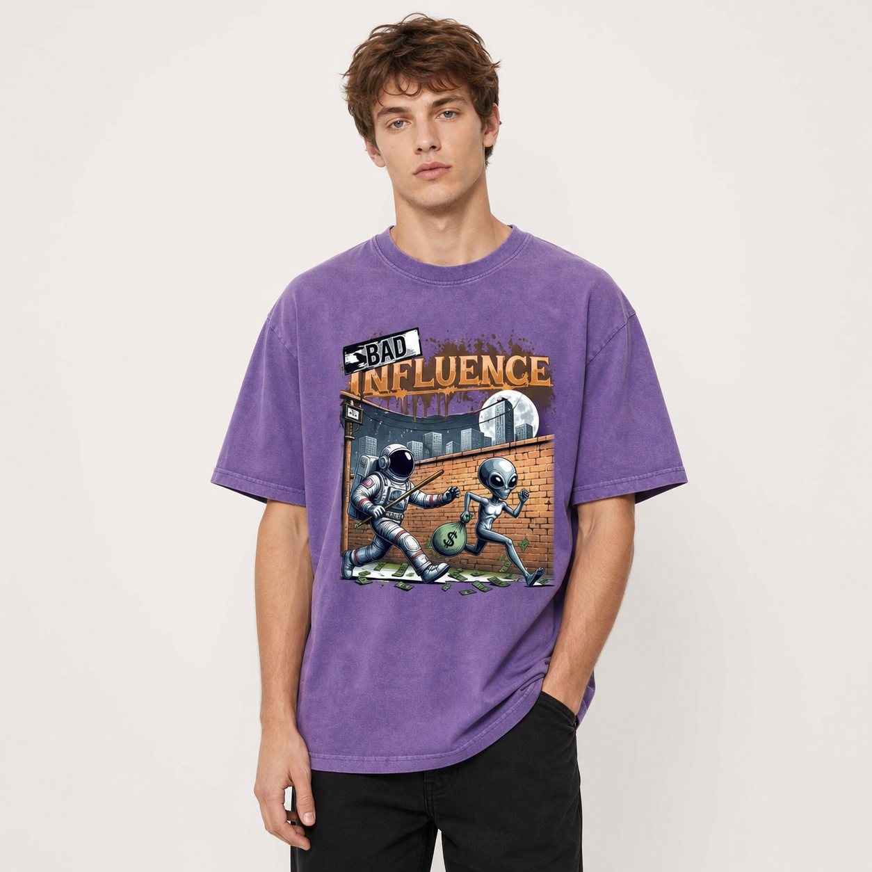 Fun Graphic purple washed tee Threadheads-style indoor model close-up