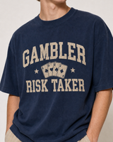 Gambler Risk Taker washed navy tee close-up