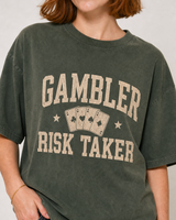 Gambler Risk Taker washed olive tee close-up