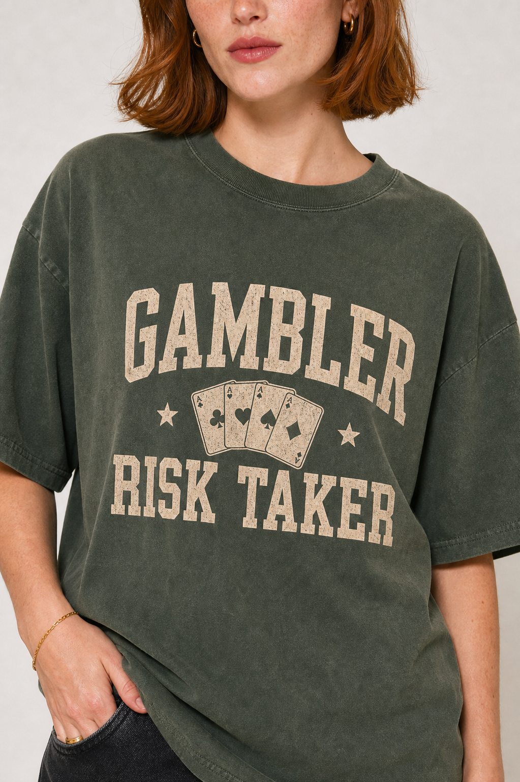 Gambler Risk Taker washed olive tee close-up