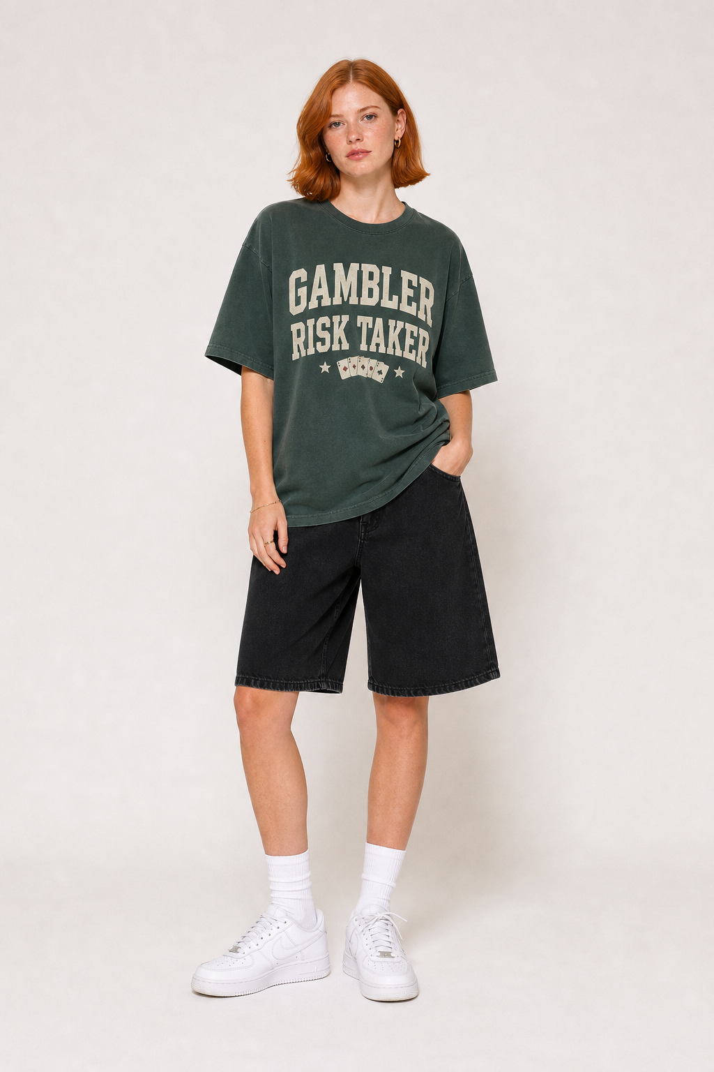 Gambler Risk Taker washed olive tee full body