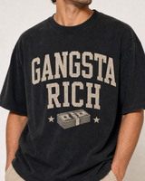 Gangsta Rich washed black tee close-up