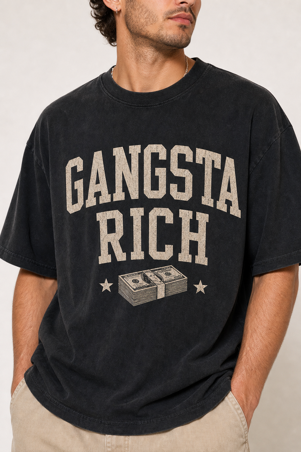 Gangsta Rich washed black tee close-up