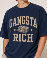Gangsta Rich washed navy tee close-up