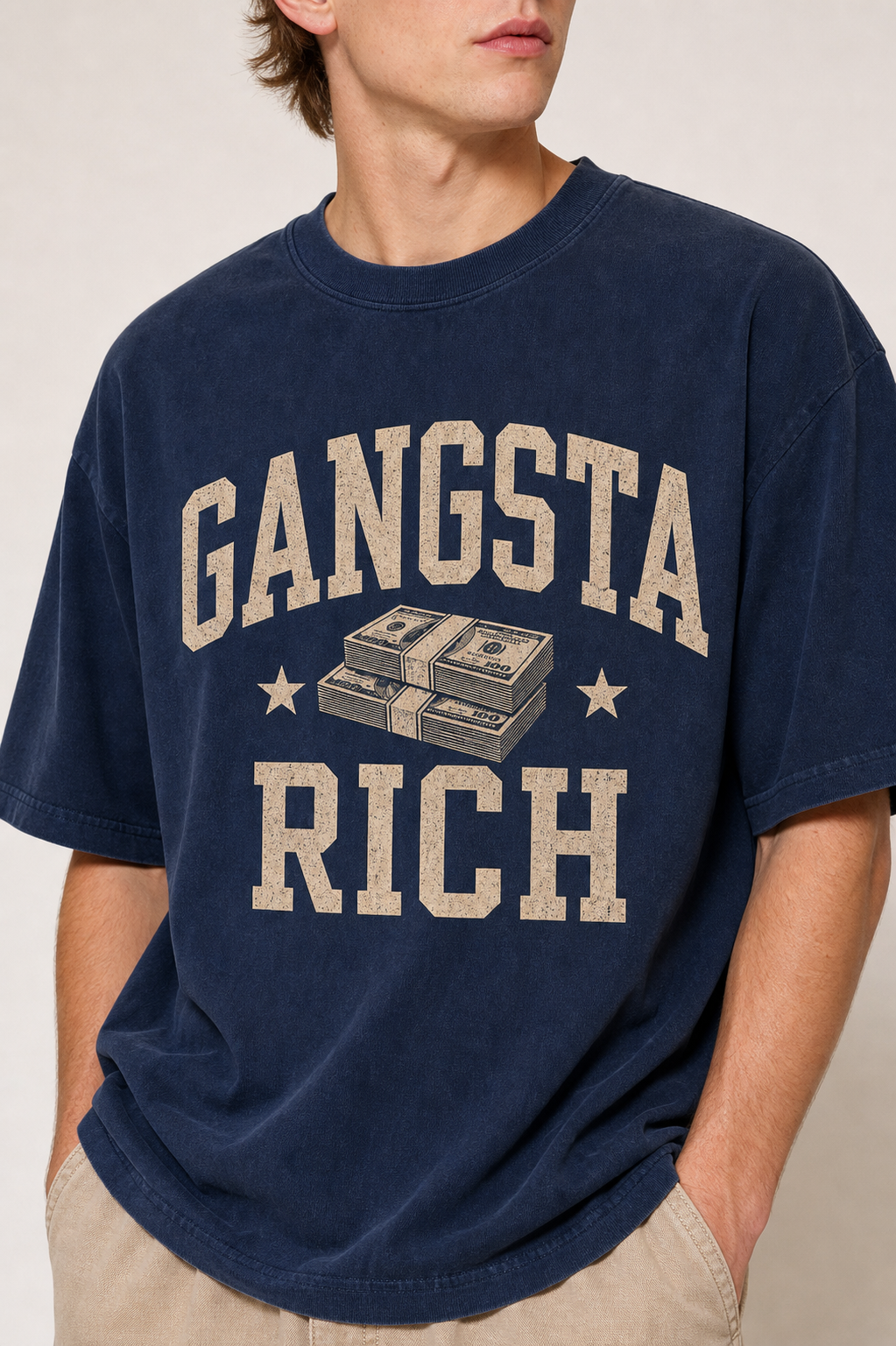 Gangsta Rich washed navy tee close-up