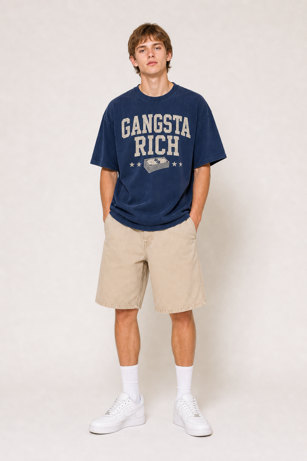 Gangsta Rich washed navy tee full body