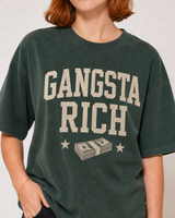 Gangsta Rich washed olive tee close-up