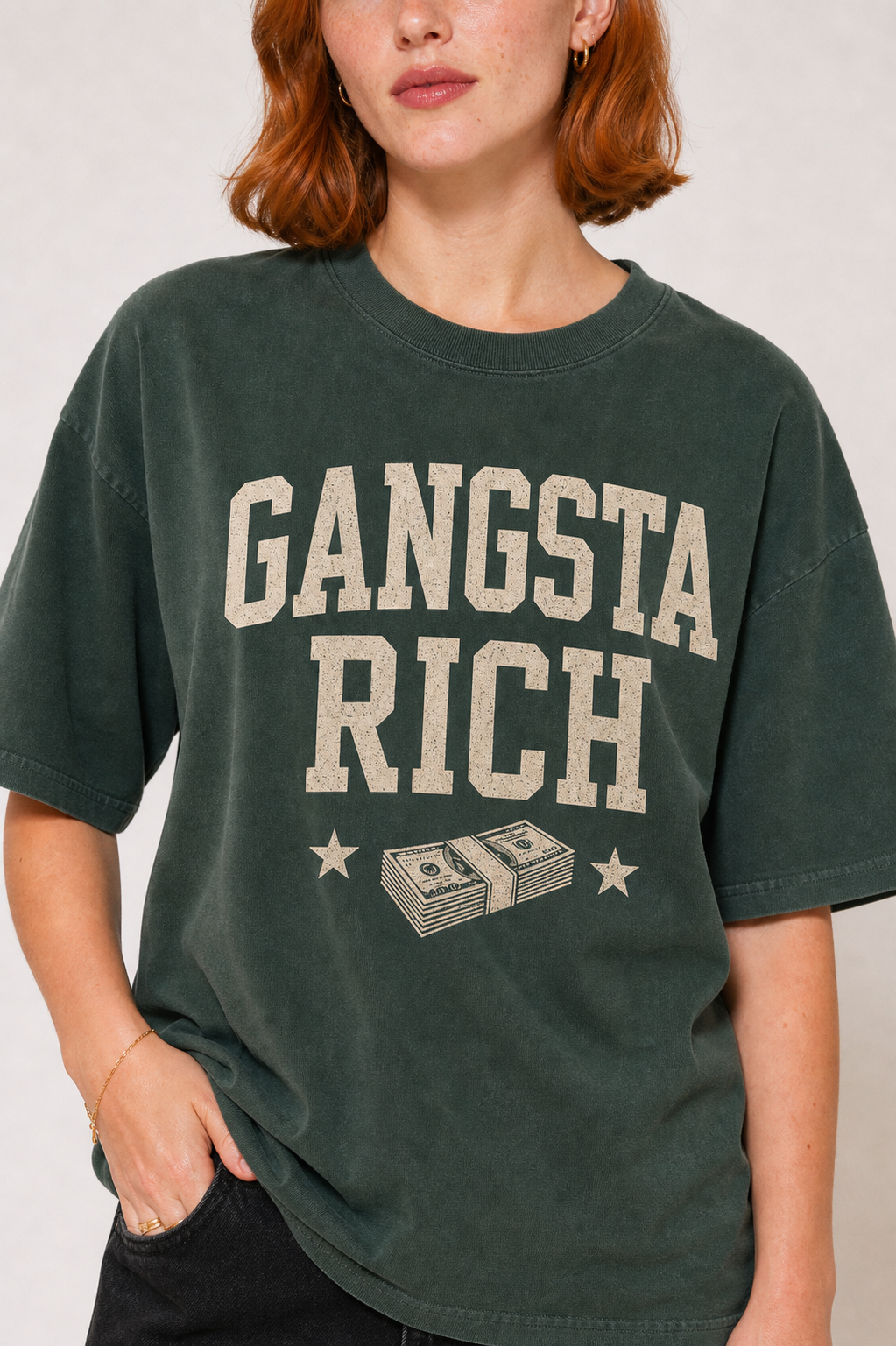 Gangsta Rich washed olive tee close-up