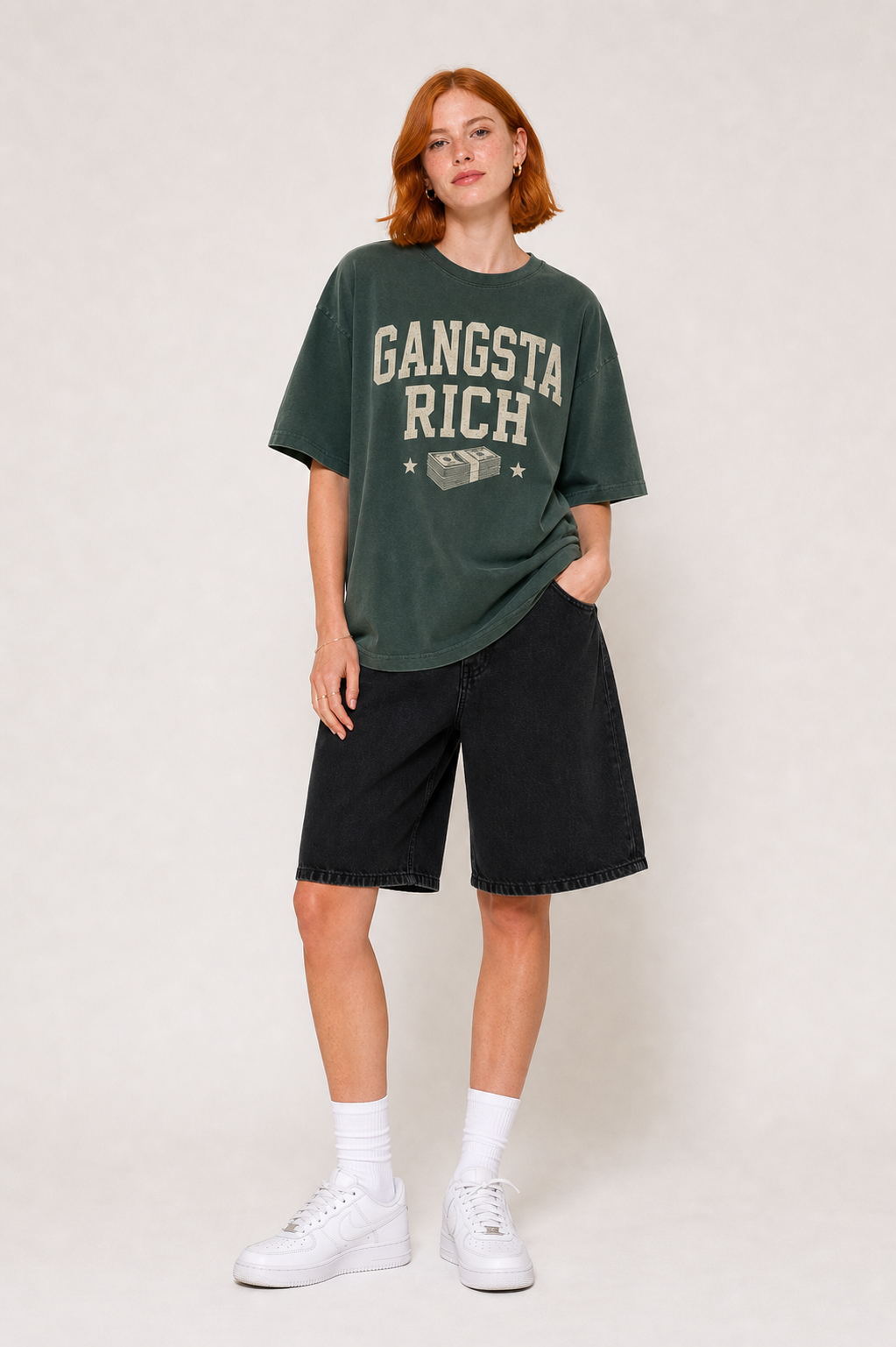 Gangsta Rich washed olive tee full body