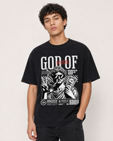 God Of Hustler black graphic tee Threadheads-style indoor model close-up
