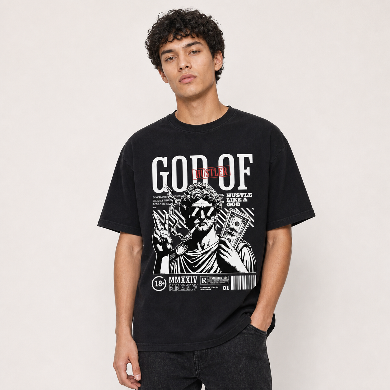 God Of Hustler black graphic tee Threadheads-style indoor model close-up