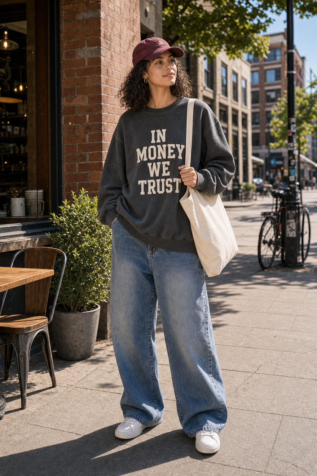In Money We Trust sweatshirt full outfit with wide leg jeans cap and natural canvas tote