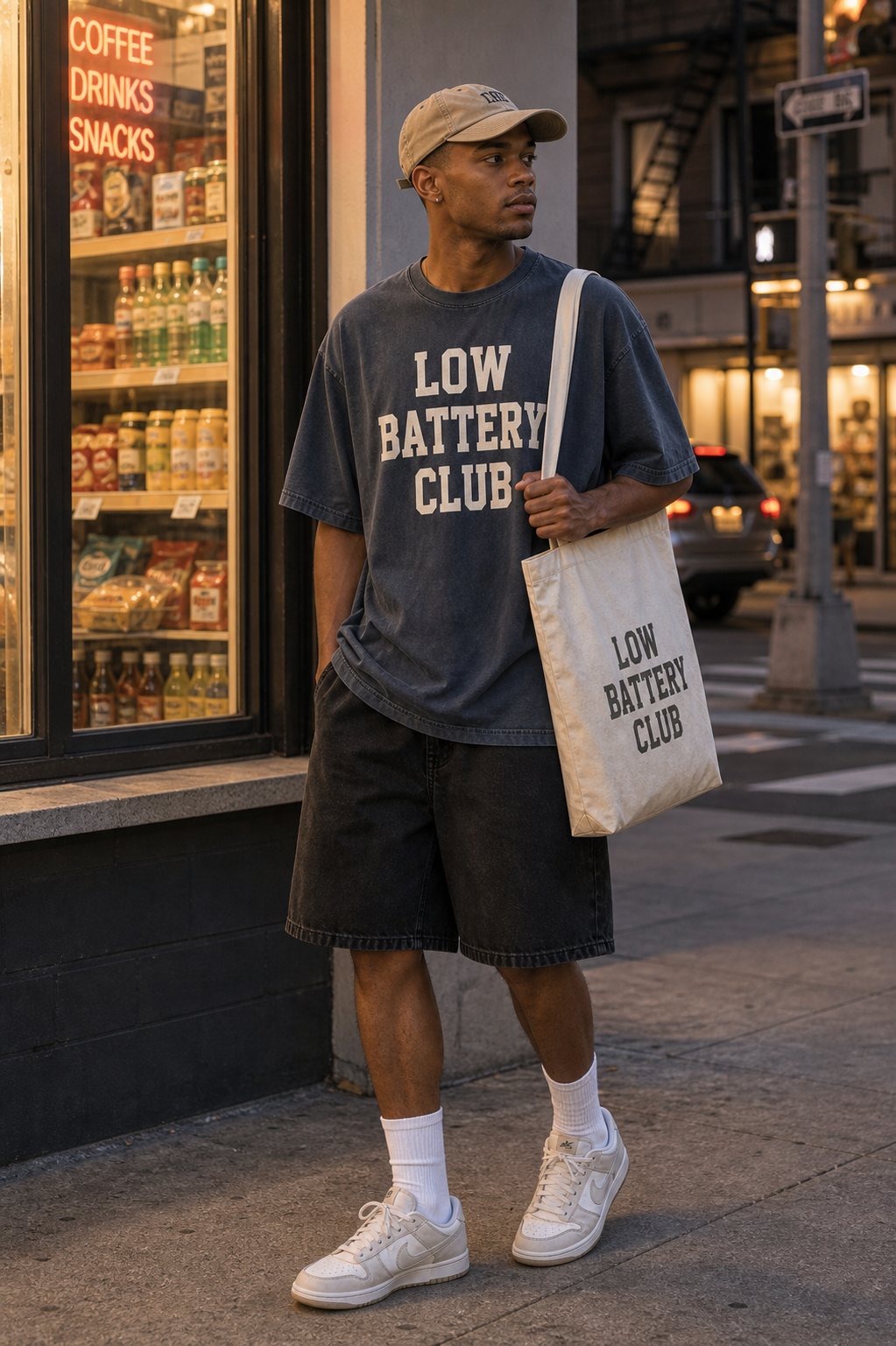 Low Battery Club full body styled model look