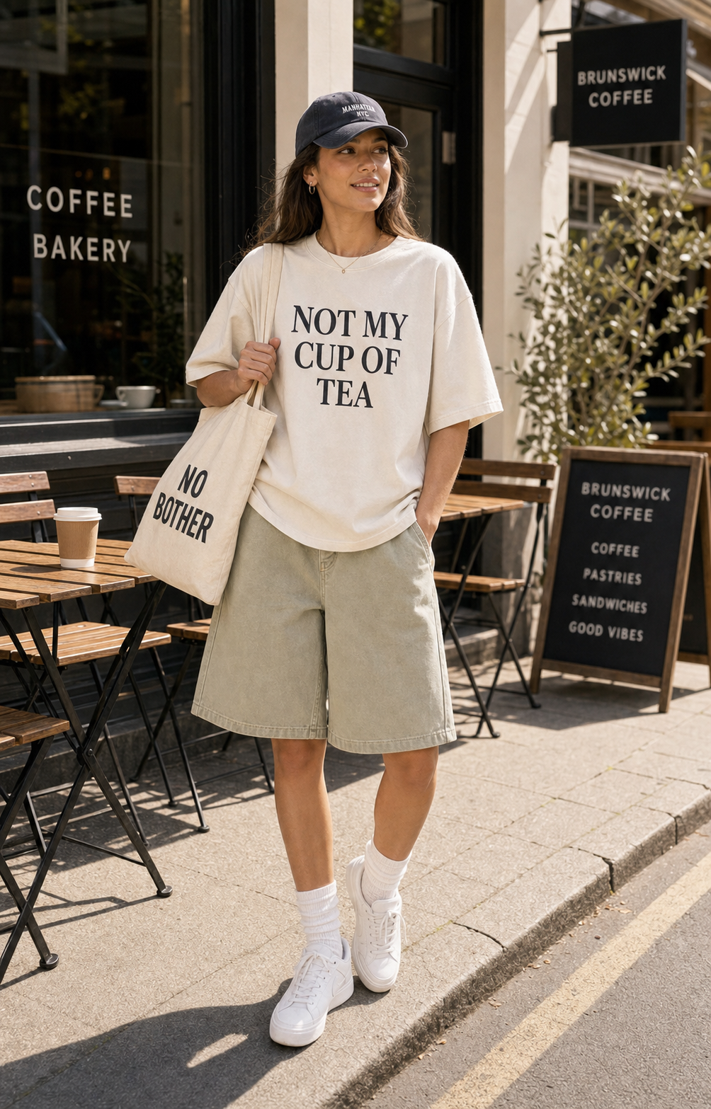 Not My Cup Of Tea graphic set sunny model scene with cream tee cap natural canvas tote and washed shorts