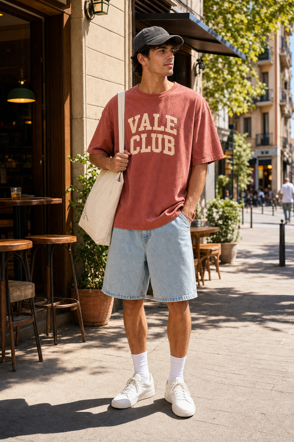 Spain Vale Club graphic set sunny model scene with terracotta tee cap natural canvas tote and washed shorts