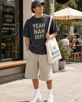 Yeah Nah Dept graphic set sunny model scene with tee cap natural canvas tote and washed shorts